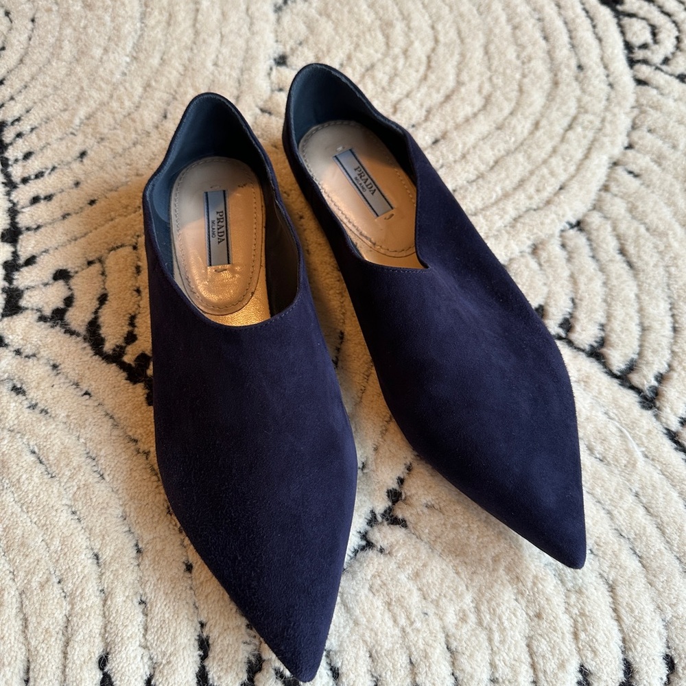 Prada Super Soft Velvet Suede Navy Women's Pointy Ballet Flats Mules Shoes 36
